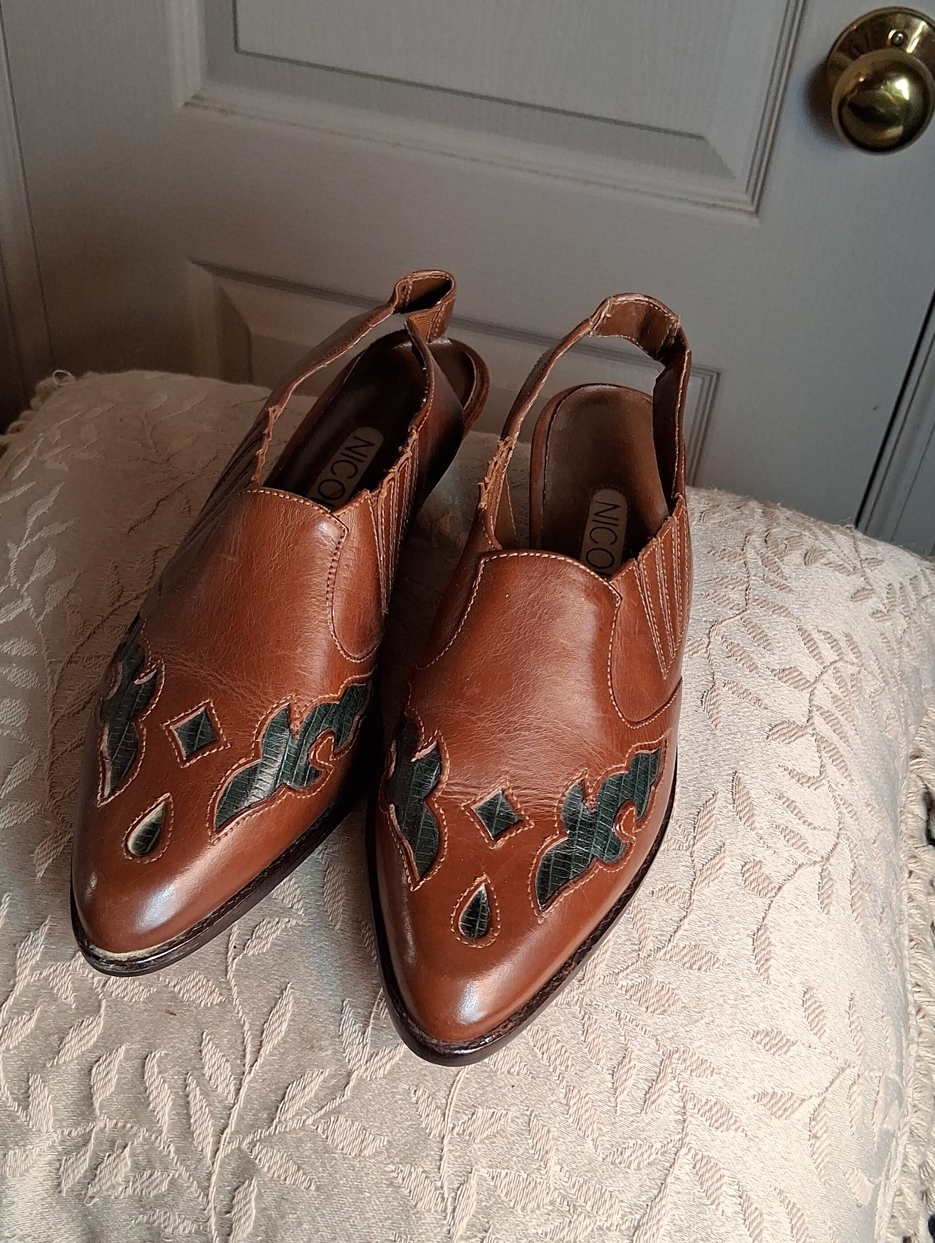 Vintage Nicole Brown Leather Cowboy Slingback Mules With Green Insets